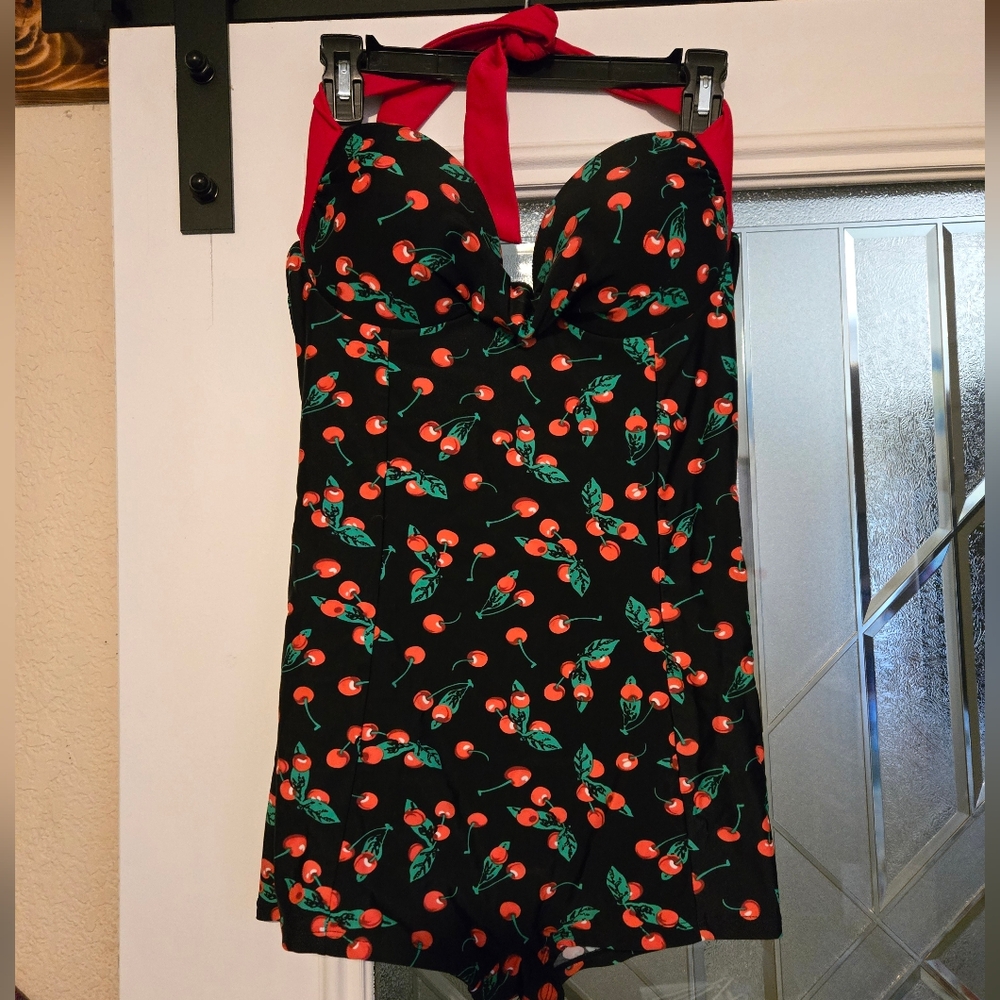 Cherry Print Black Halter Swimsuit